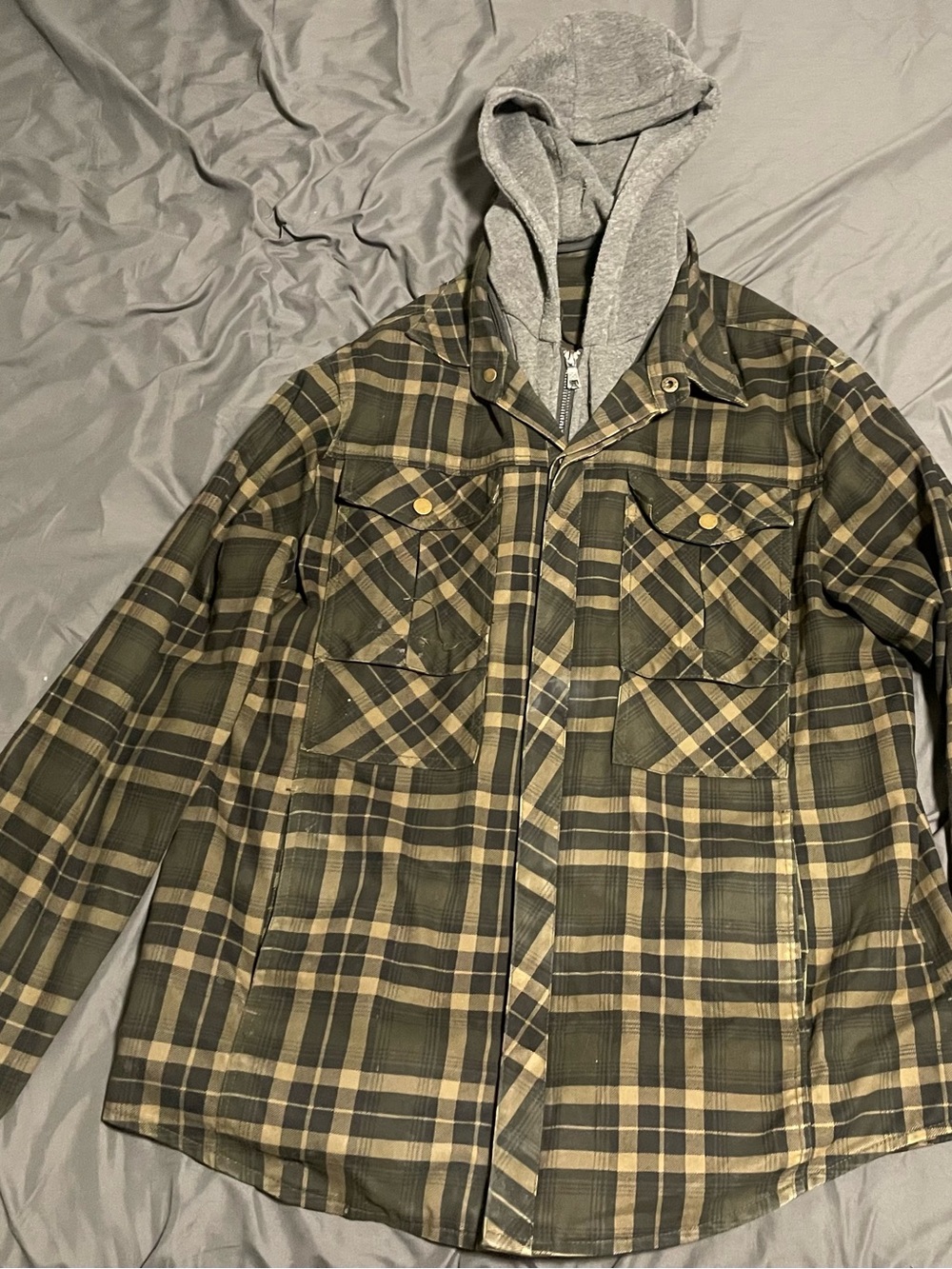 Men’s Plaid Hooded Shacket Jacket Size Large Brown Tan Layered Hoodie